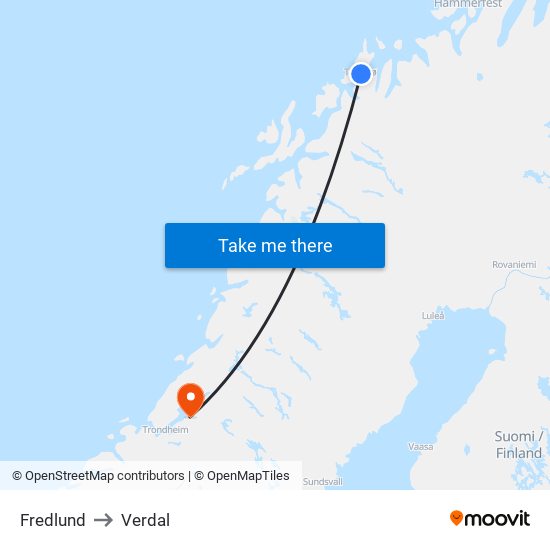 Fredlund to Verdal map