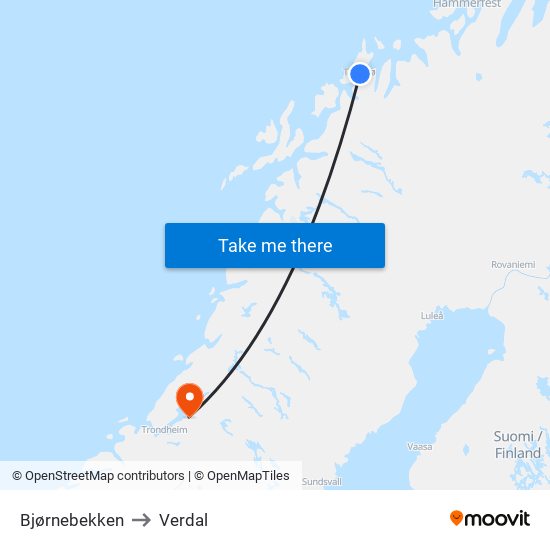 Bjørnebekken to Verdal map
