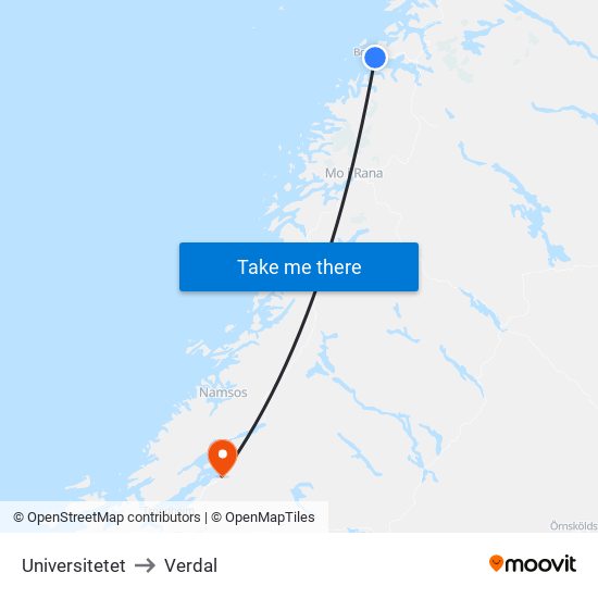 Universitetet to Verdal map