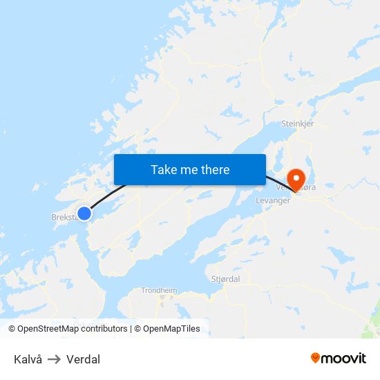 Kalvå to Verdal map