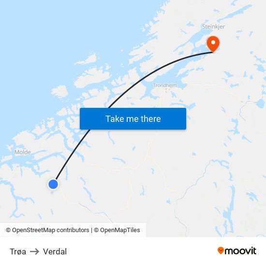 Trøa to Verdal map