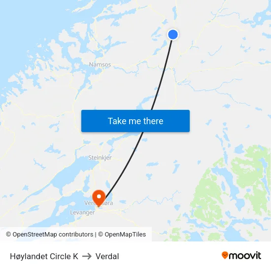 Høylandet Circle K to Verdal map