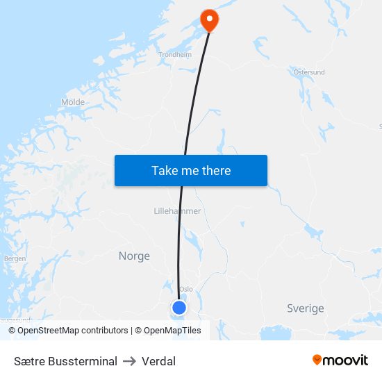 Sætre Bussterminal to Verdal map