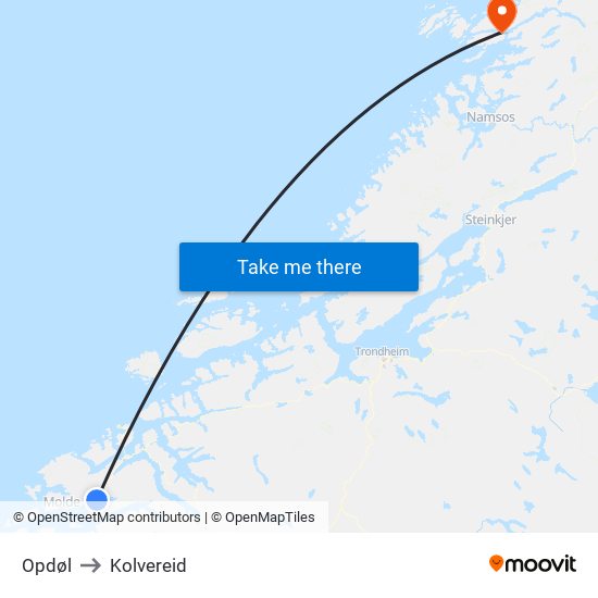 Opdøl to Kolvereid map