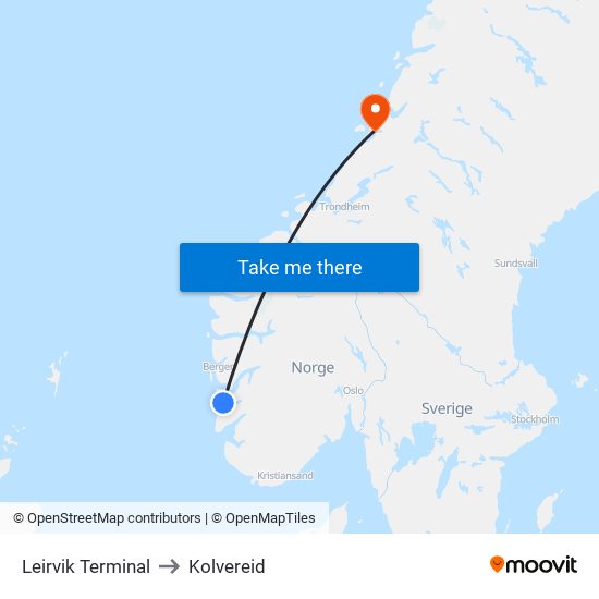 Leirvik Terminal to Kolvereid map