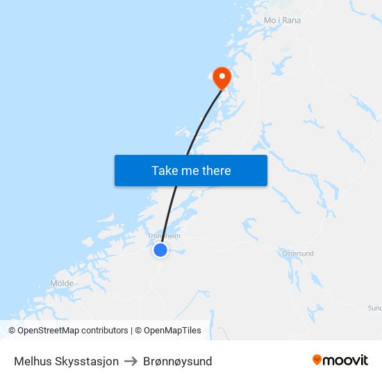 Melhus Skysstasjon to Brønnøysund map