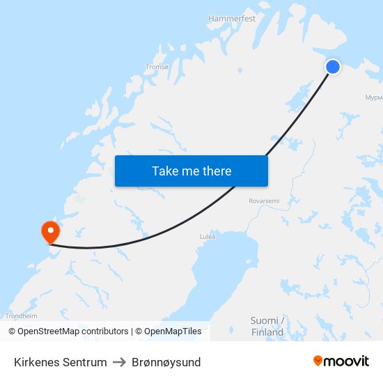 Kirkenes Sentrum to Brønnøysund map