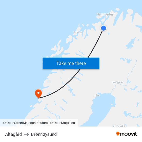 Altagård to Brønnøysund map