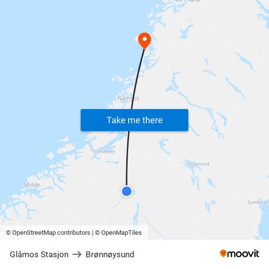 Glåmos Stasjon to Brønnøysund map