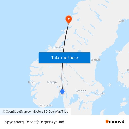 Spydeberg Torv to Brønnøysund map