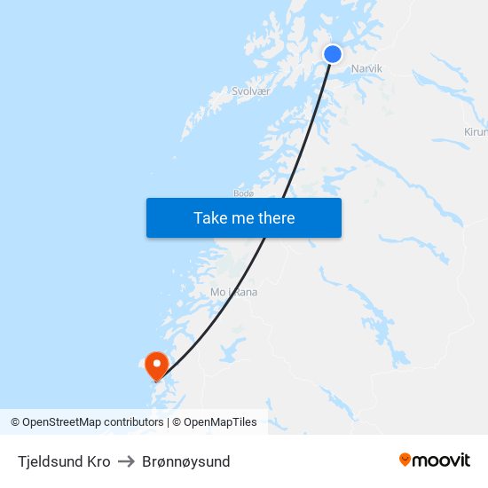 Tjeldsund Kro to Brønnøysund map