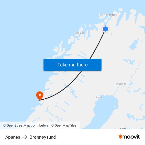 Apanes to Brønnøysund map
