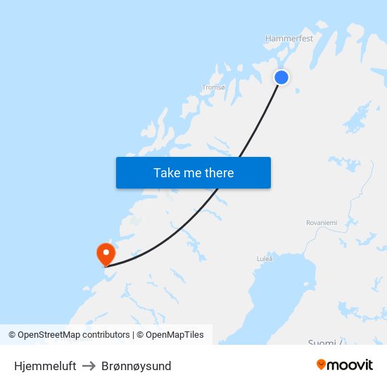 Hjemmeluft to Brønnøysund map