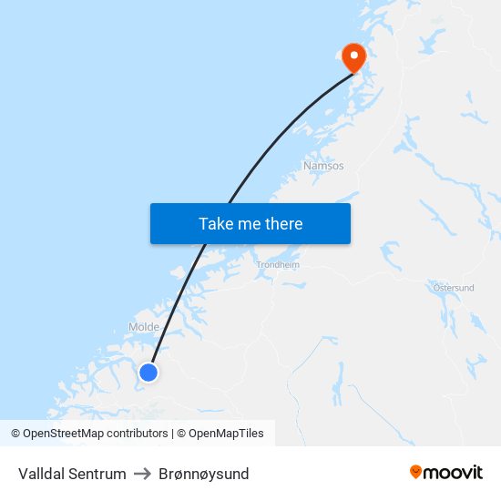 Valldal Sentrum to Brønnøysund map