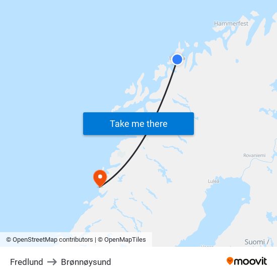 Fredlund to Brønnøysund map