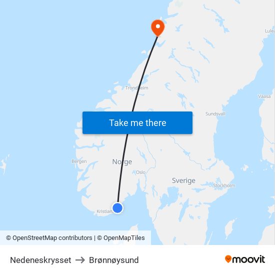 Nedeneskrysset to Brønnøysund map