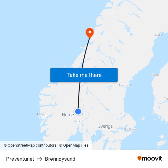 Prøventunet to Brønnøysund map