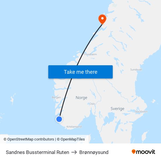 Sandnes Bussterminal Ruten to Brønnøysund map