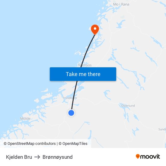 Kjelden Bru to Brønnøysund map