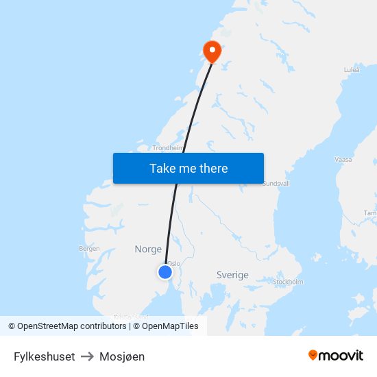 Fylkeshuset to Mosjøen map