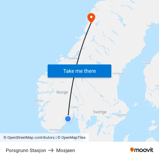 Porsgrunn Stasjon to Mosjøen map