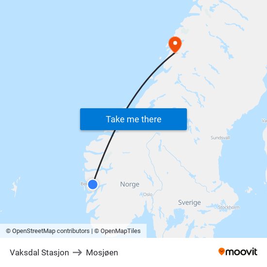 Vaksdal Stasjon to Mosjøen map