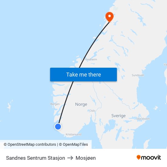 Sandnes Sentrum Stasjon to Mosjøen map