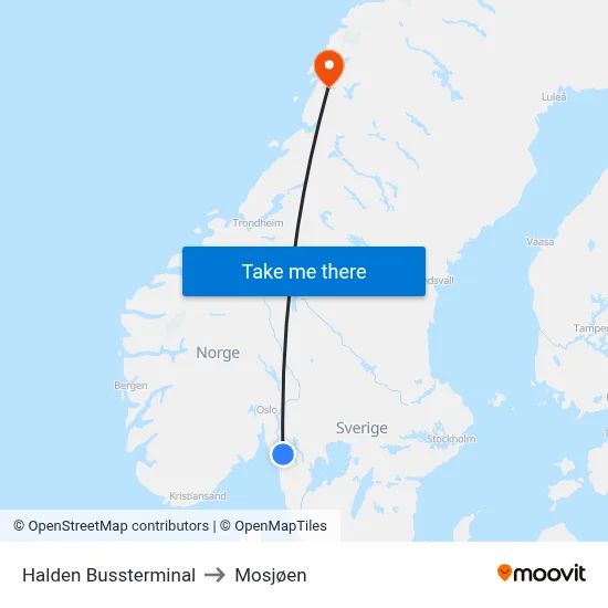 Halden Bussterminal to Mosjøen map