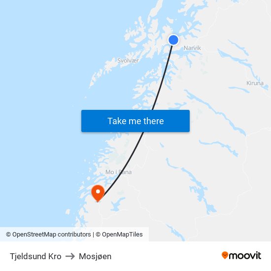 Tjeldsund Kro to Mosjøen map