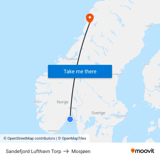 Sandefjord Lufthavn Torp to Mosjøen map