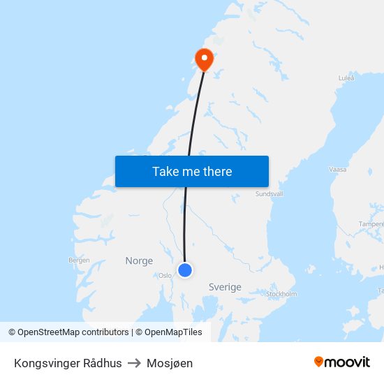 Kongsvinger Rådhus to Mosjøen map