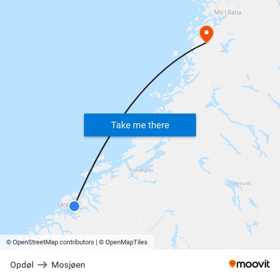 Opdøl to Mosjøen map