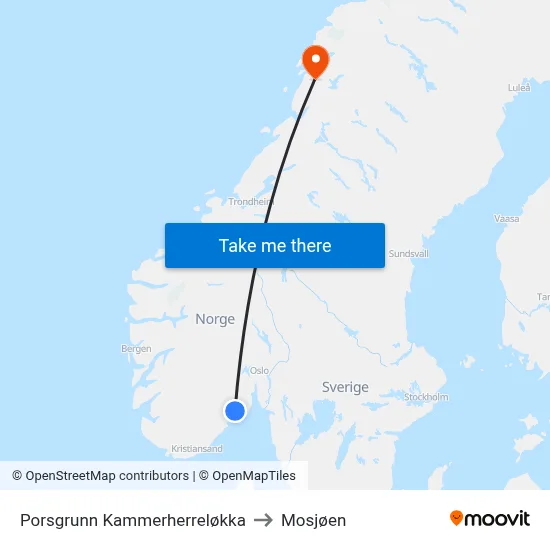 Porsgrunn Kammerherreløkka to Mosjøen map