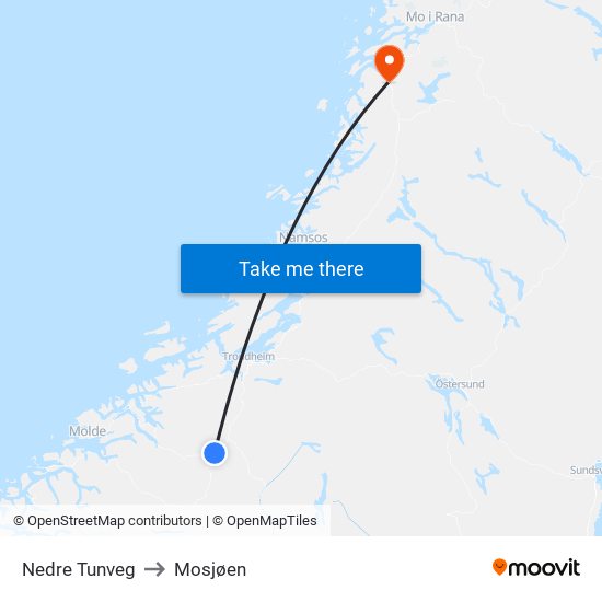 Nedre Tunveg to Mosjøen map