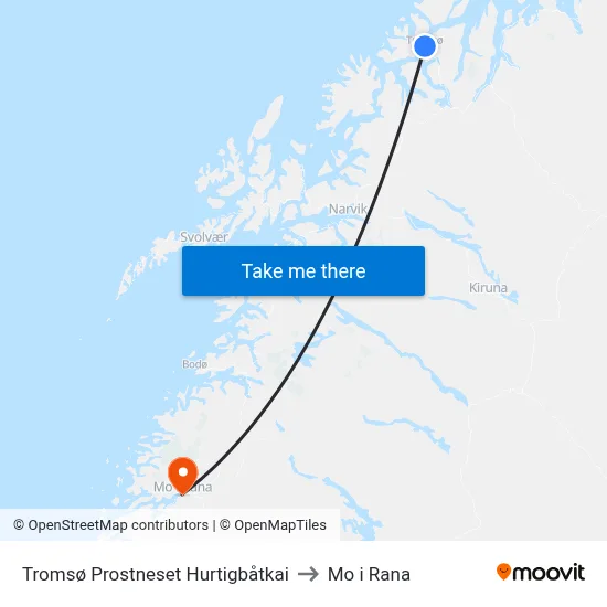 Tromsø Prostneset Hurtigbåtkai to Mo i Rana map