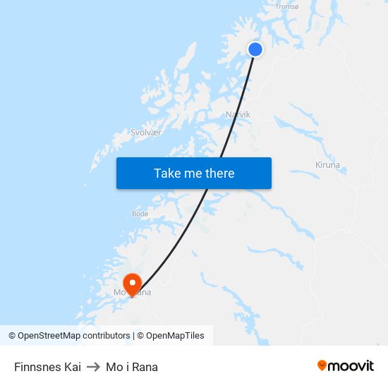 Finnsnes Kai to Mo i Rana map