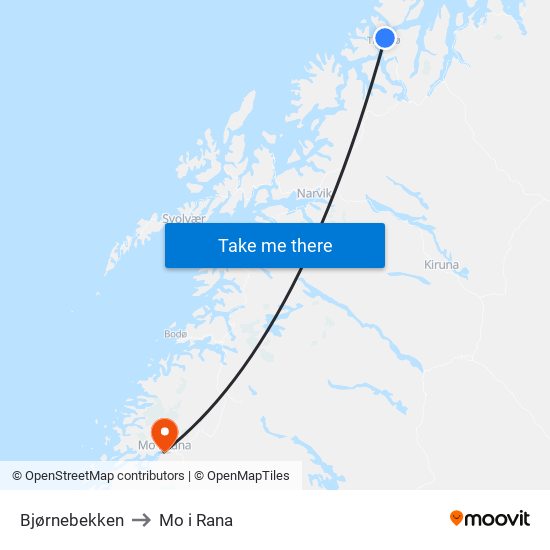 Bjørnebekken to Mo i Rana map