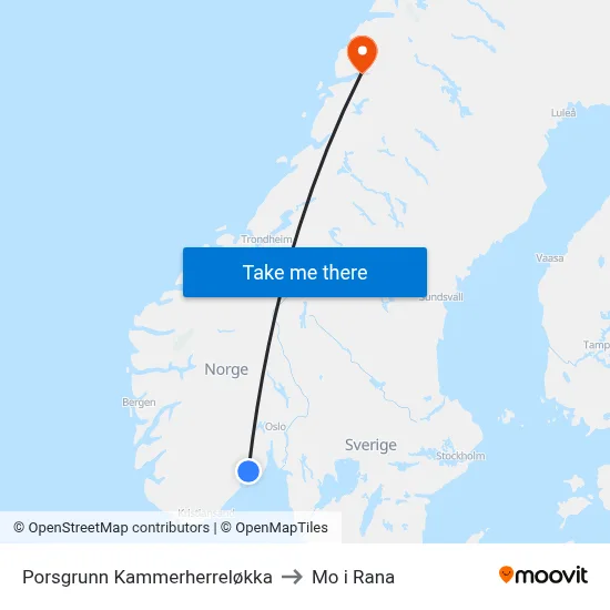Porsgrunn Kammerherreløkka to Mo i Rana map