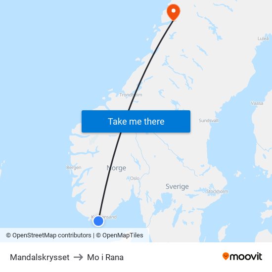 Mandalskrysset to Mo i Rana map