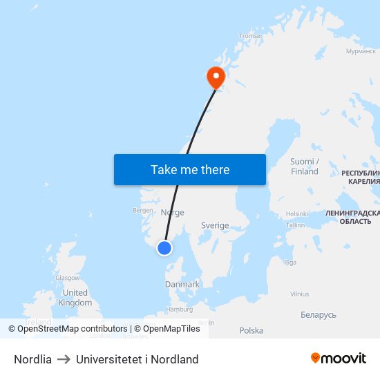 Nordlia to Universitetet i Nordland map