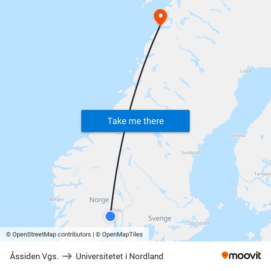 Åssiden Vgs. to Universitetet i Nordland map