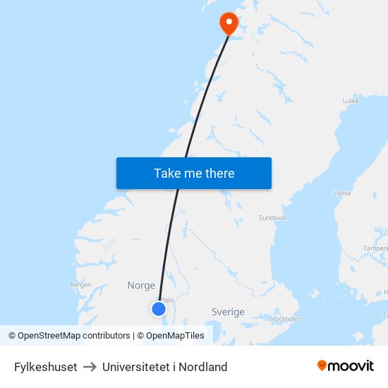 Fylkeshuset to Universitetet i Nordland map