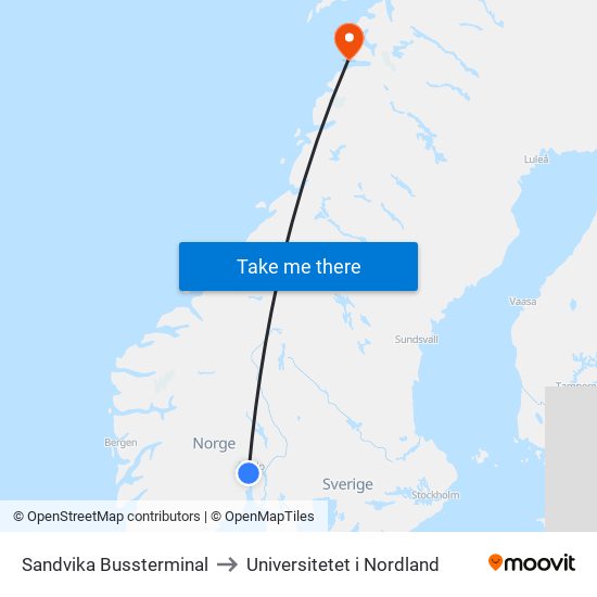 Sandvika Bussterminal to Universitetet i Nordland map