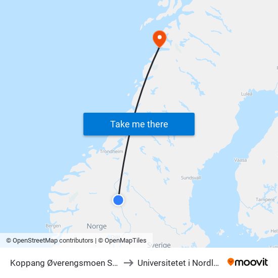 Koppang Øverengsmoen Shell to Universitetet i Nordland map