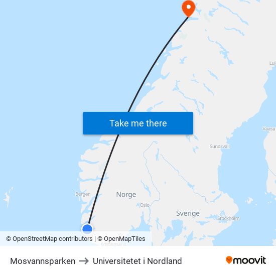 Mosvannsparken to Universitetet i Nordland map