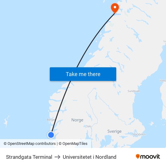 Strandgata Terminal to Universitetet i Nordland map