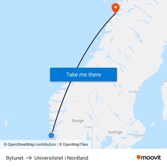 Bytunet to Universitetet i Nordland map