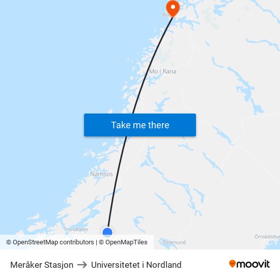 Meråker Stasjon to Universitetet i Nordland map