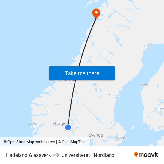 Hadeland Glassverk to Universitetet i Nordland map