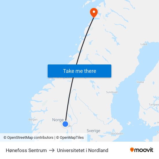 Hønefoss Sentrum to Universitetet i Nordland map